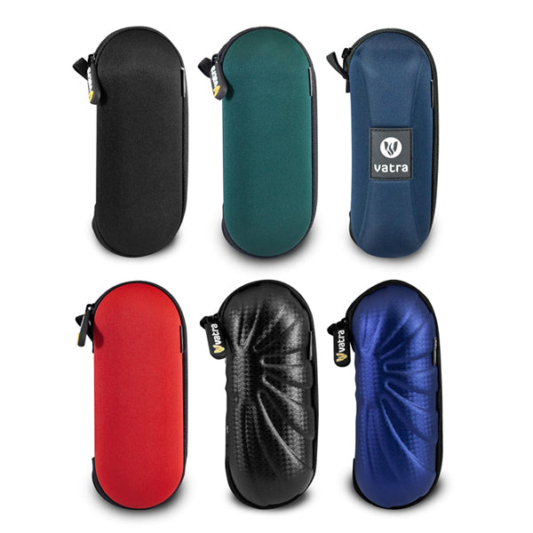 Six Vatra 6 Capsule Smell Proof Hard Shell Cases, each lined with protective egg-crate foam, are arranged in two neat rows on a white background and feature a variety of colors and textures.